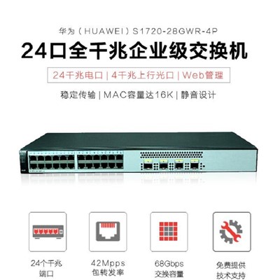 华为HUAWEI企业级交换机24口全千兆以太网+4千兆光口网络云管理网管核心汇聚弱三层 S1720-28GWR-4P